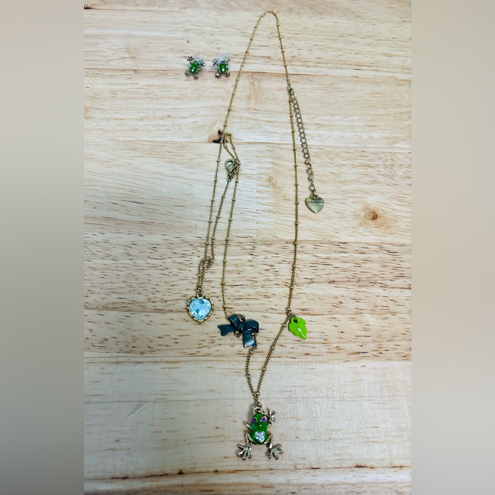 Betsey Johnson Gold Necklace with Green and Blue Charms